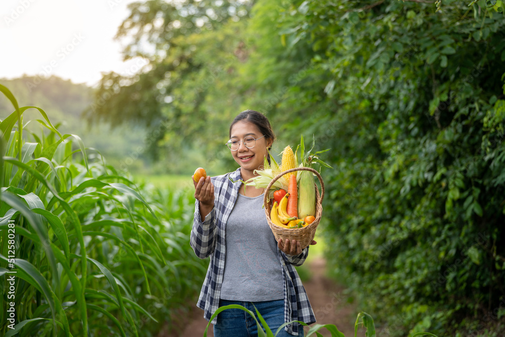 Beautiful young brunette Portrait Famer Woman hand holding Vegetables in the bamboo basket on green 