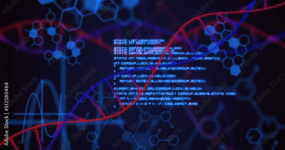 Image of dna strand and data processing on black background