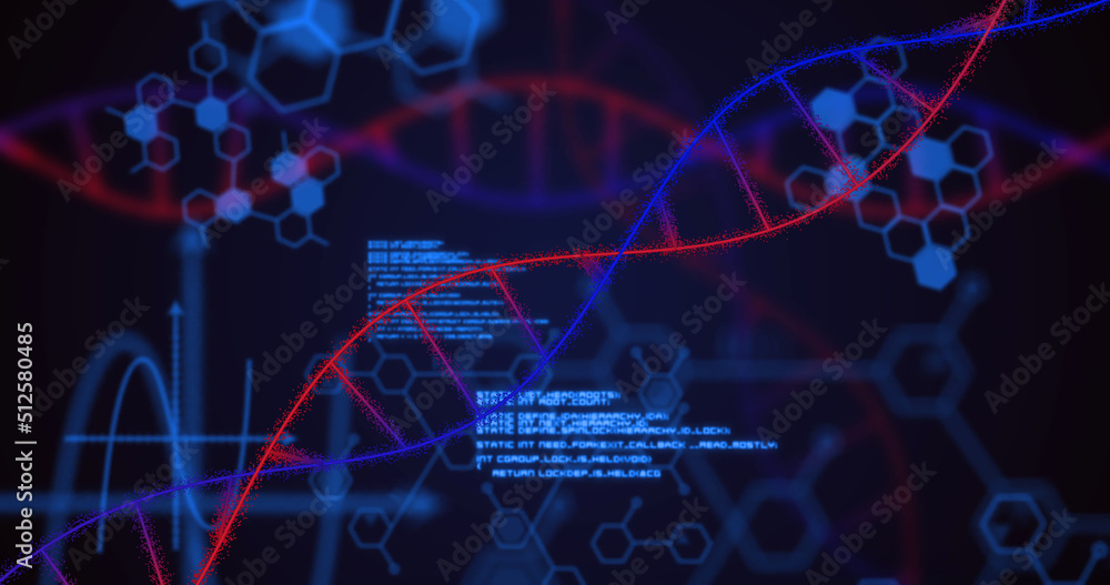 Image of dna strand and data processing on black background