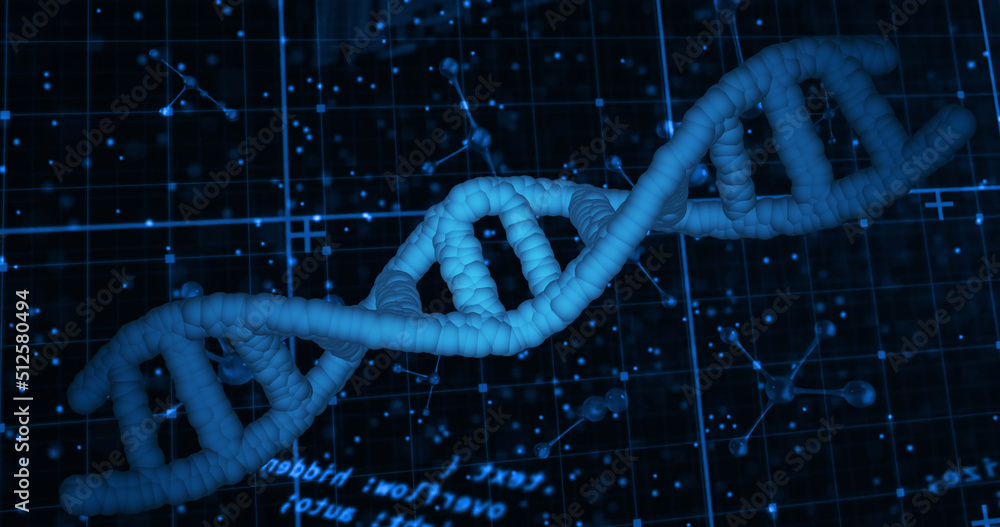 Image of dna strand and data processing on black background