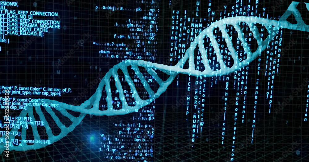 Image of dna strand and data processing on black background