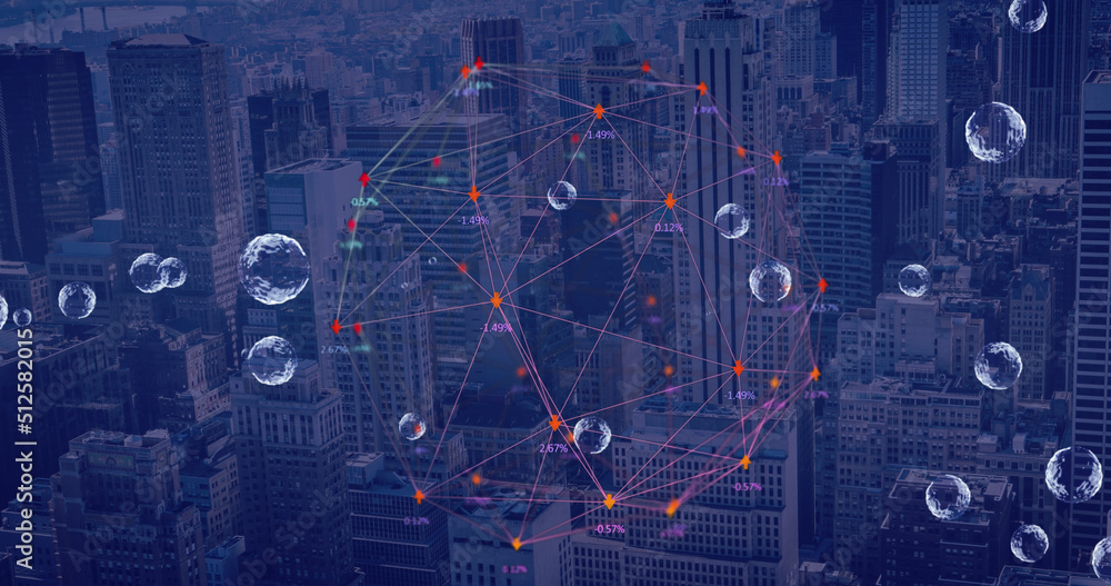 Image of network of connections with bubbles over cityscape