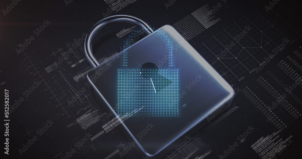 Image of padlock and data processing on black background