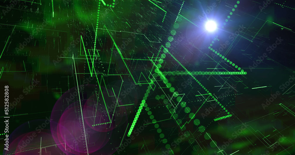 Image of network of glowing green lights, moving on black background