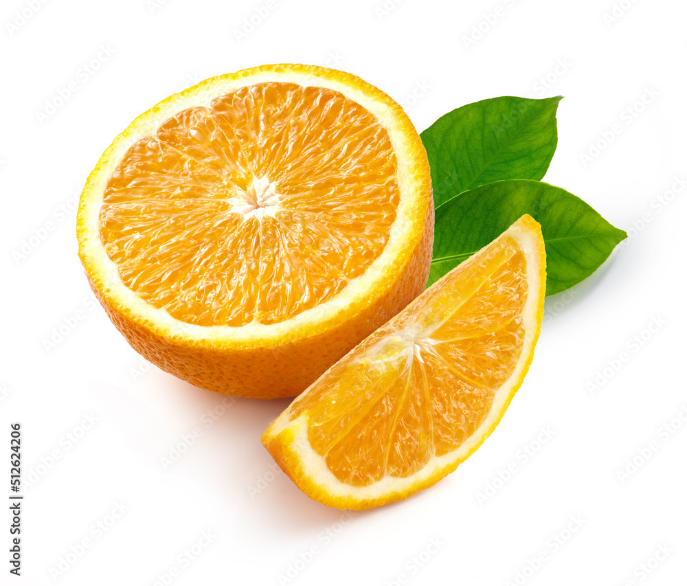 Orange slices with orange leaves isolated. Tasty slices of orange on white background