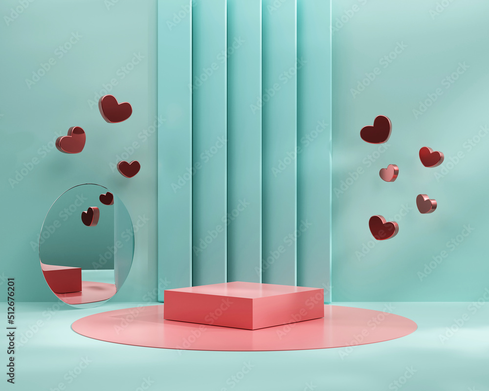 Valentines day stage podium mock up with heart product display showcase 3d render