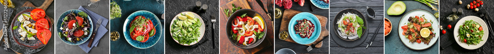 Set of tasty salads with vegetables on dark background, top view