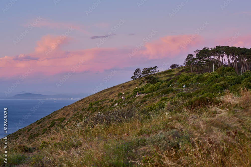 日落时从信号山观看。黎明时开普敦狮子头的全景。宁静的自然景观