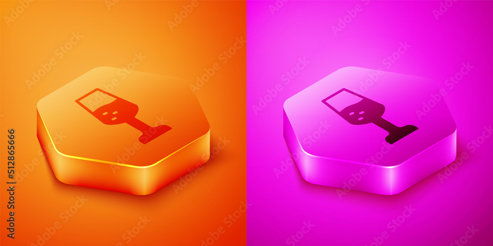 Isometric Glass of champagne icon isolated on orange and pink background. Happy Valentines day. Hexa