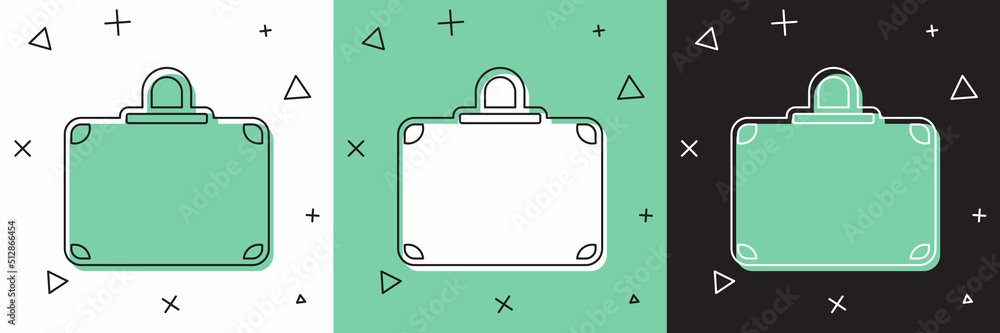 Set Suitcase for travel icon isolated on white and green, black background. Traveling baggage sign. 