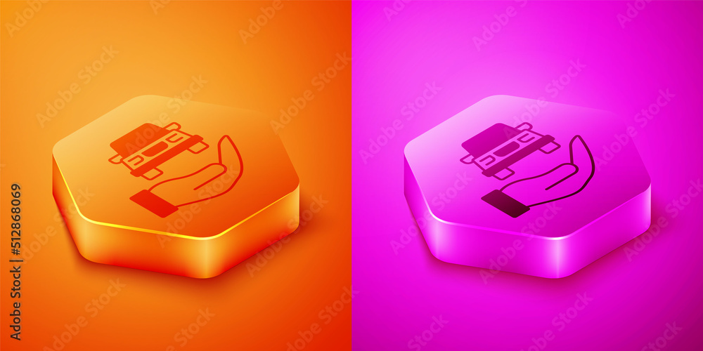 Isometric Auto service check automotive icon isolated on orange and pink background. Car service. He