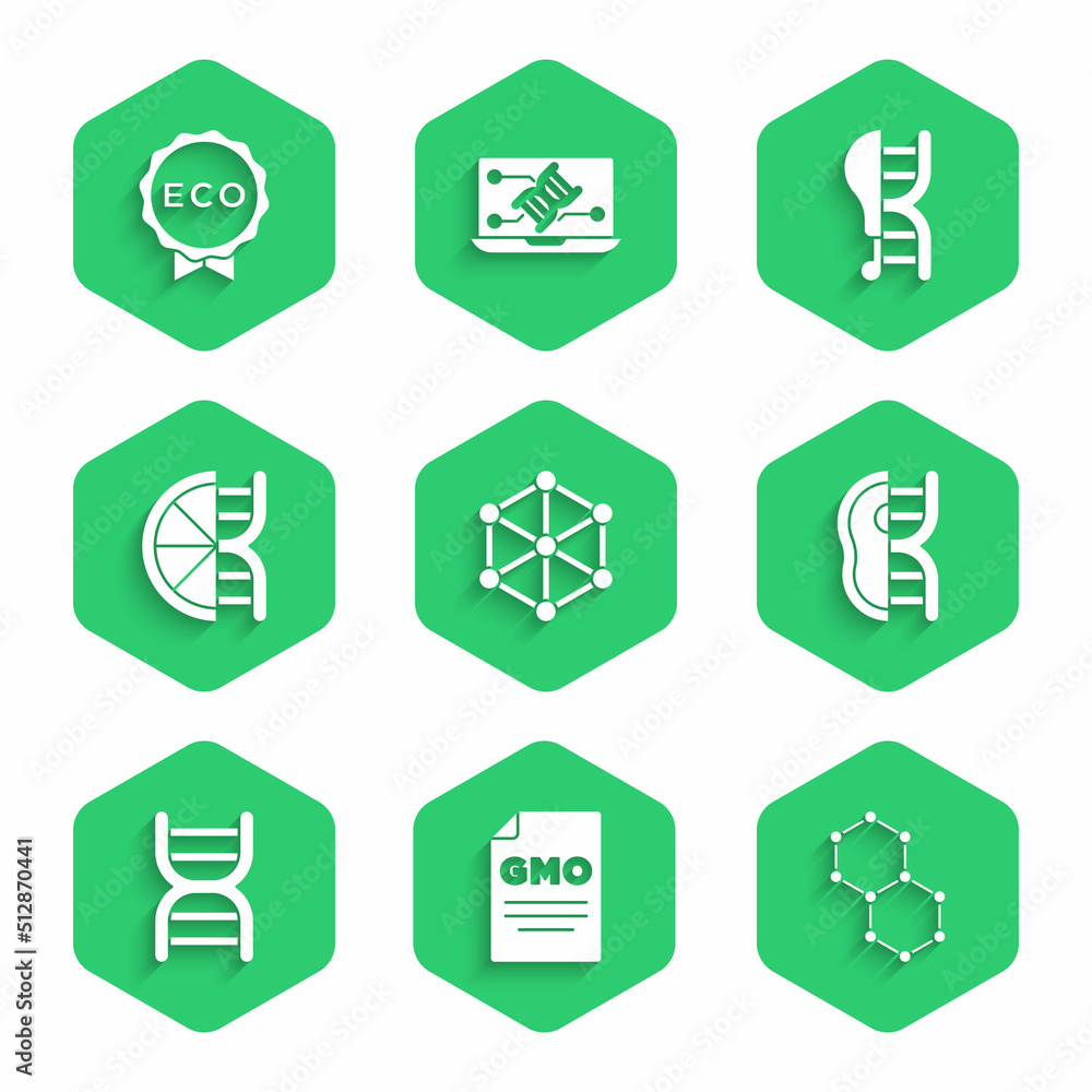 Set GMO, Chemical formula, Genetically modified meat, DNA symbol, orange, chicken and Label eco heal