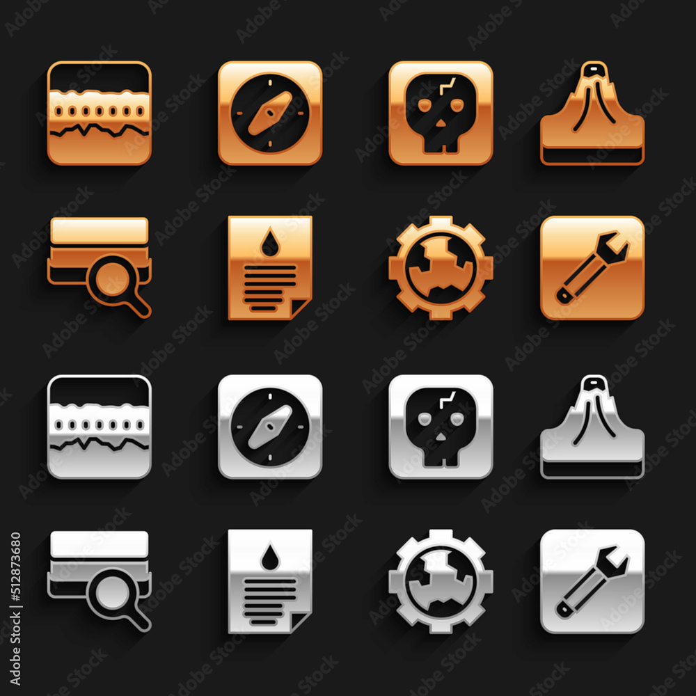 Set Oil drop document, Volcano, Wrench spanner, Gear wheels and earth, Soil analysis, Archeology, gr