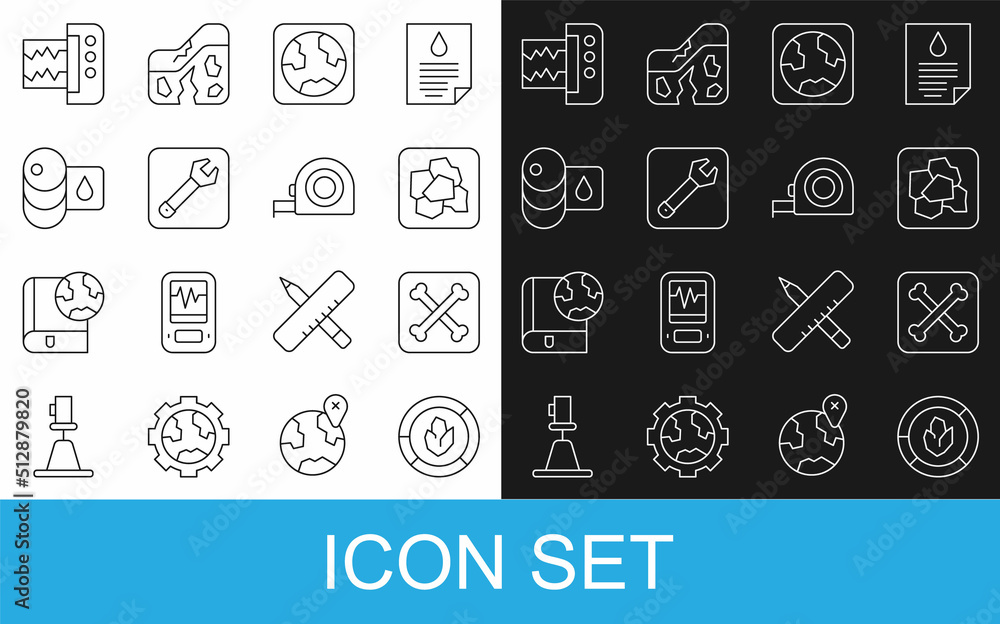 Set line Soil analysis, Archeology, Gold nugget, Earth globe, Wrench spanner, Barrel, Seismograph an