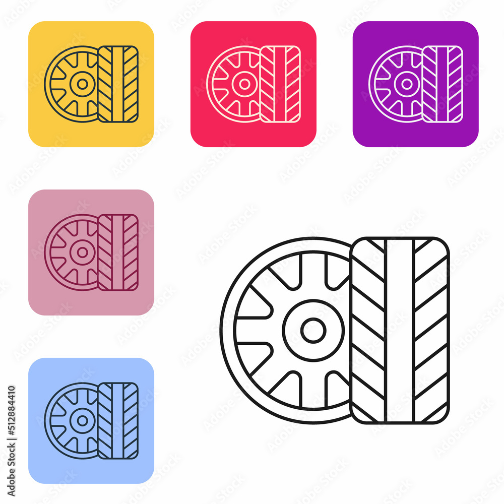 Black line Car tire wheel icon isolated on white background. Set icons in color square buttons. Vect