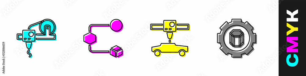设置3D打印机、等轴测立方体、汽车和设置图标。矢量