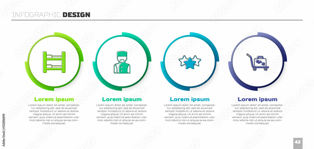 设置酒店客房床、礼宾服务、星级评定和拉杆箱。商务信息图模板。Vec