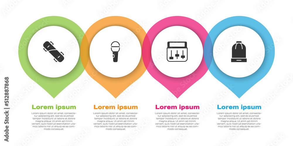 设置滑板、麦克风、鼓机音乐和冬季帽子。商业信息图模板。矢量