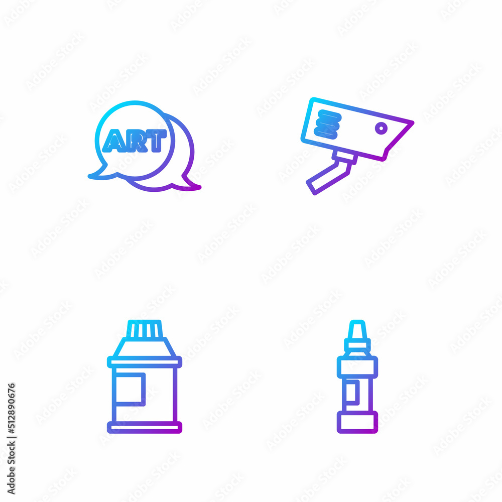 Set line Marker pen，Paint，水粉，jar，dye，Speech bubble with text art and Security camera。渐变