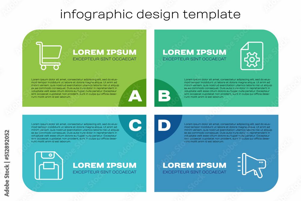 设置行软盘、购物车、Megaphone和文档设置。商业信息图模板。