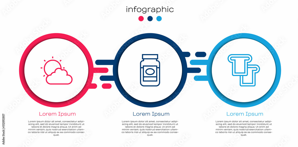 Set line Sun and cloud weather, Jam jar and Bread toast. Business infographic template. Vector