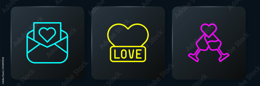 Set line Envelope with Valentine heart, Glass of champagne and Heart. Black square button. Vector