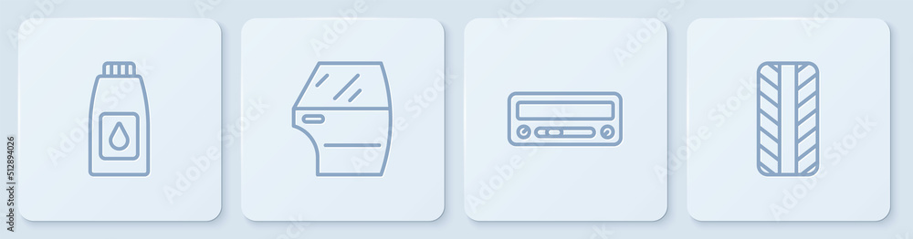 Set line Canister for motor machine oil, Car audio, door and tire wheel. White square button. Vector