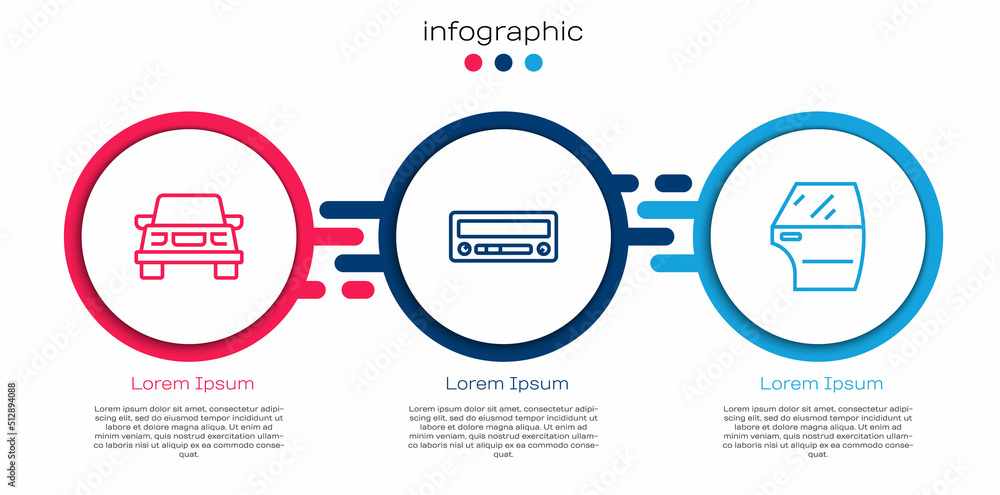 Set line Car, audio and door. Business infographic template. Vector