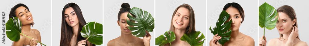 Set of beautiful young women with tropical monstera leaves on light background