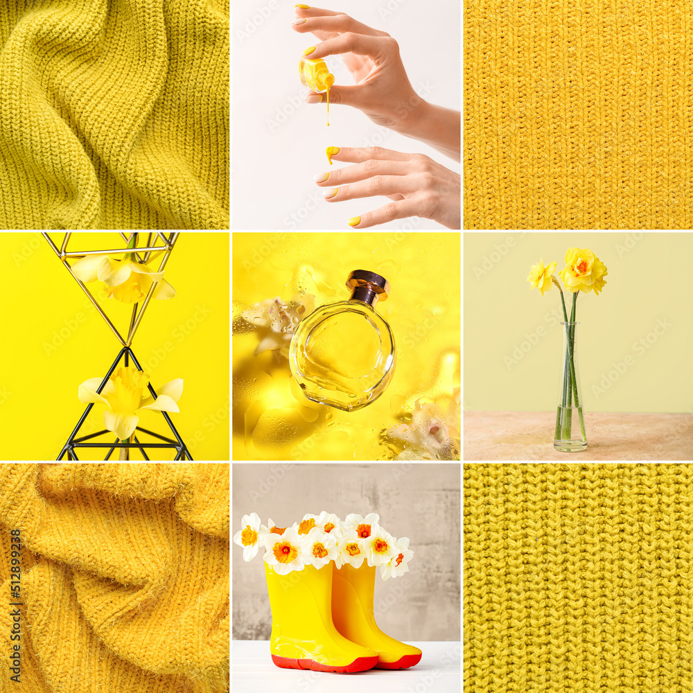 Set of knitted fabric with narcissus flowers, gumboots, female hands with nail polish and bottle of 