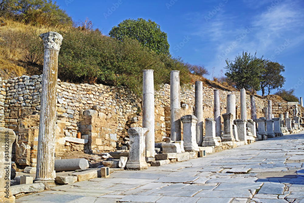 Historical Turkey pillars Ephesus in an ancient city. Excavated remains of historical building stone