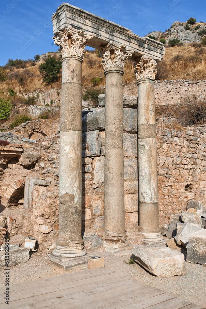 Historical Turkey pillars Ephesus in an ancient city. Excavated remains of historical building stone