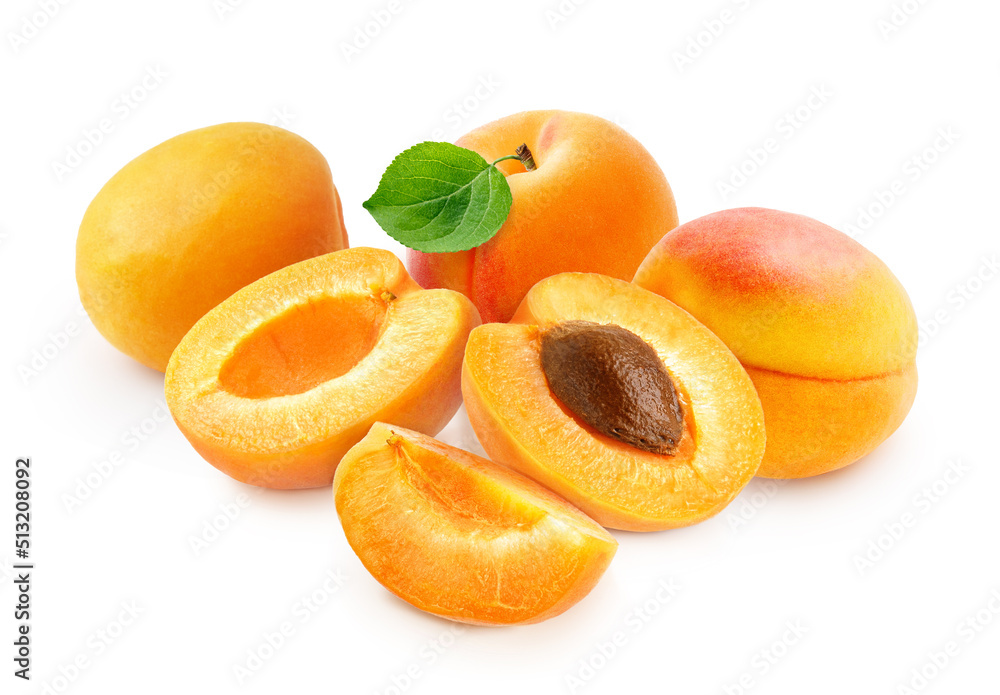 Apricot fruit with half of apricot and apricot kernel isolated on white background.