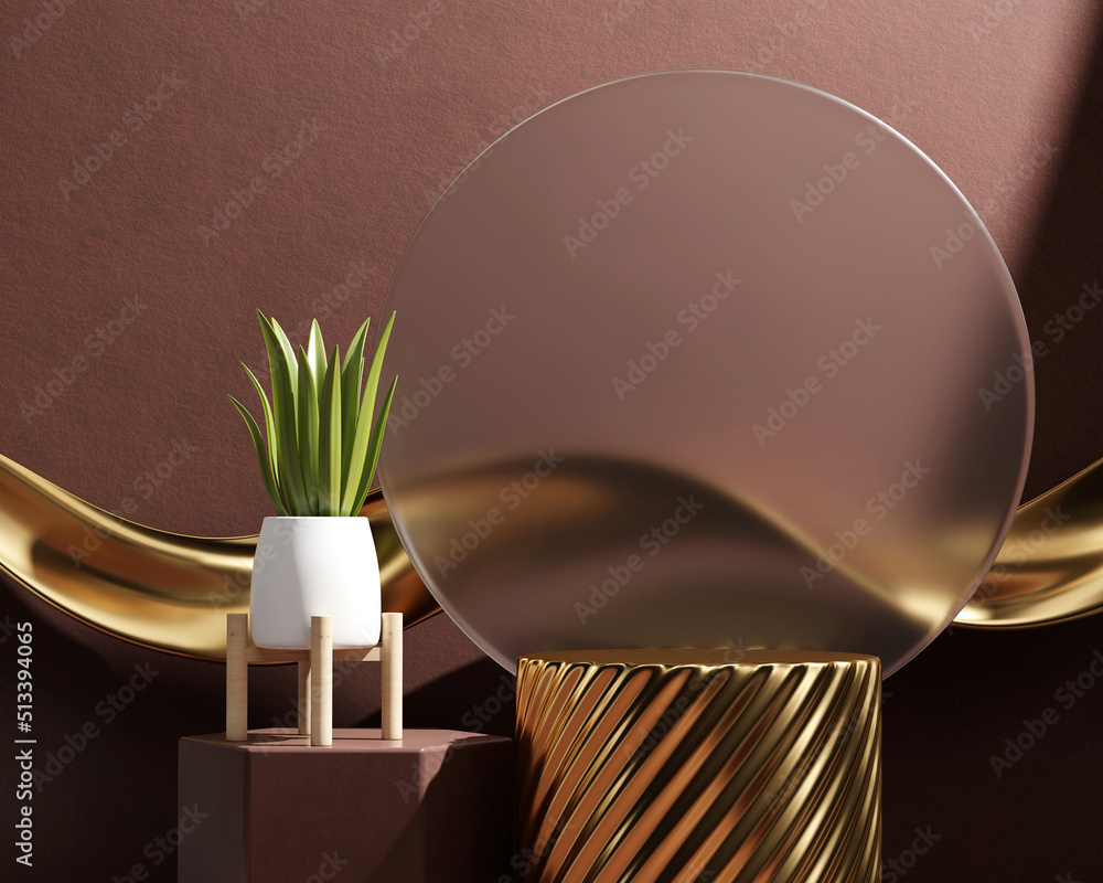 3D rendering gold platform podium with plant product presentation background