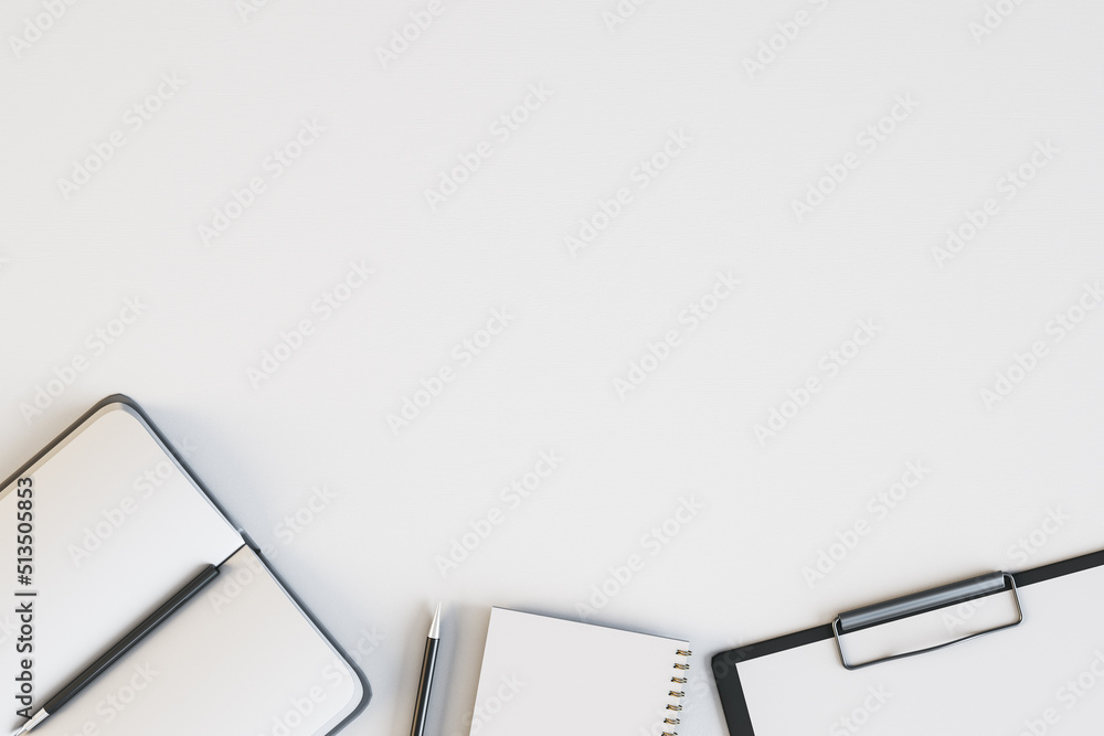 Top view of empty white desktop with supplies. Work place and stationery objects concept. Mock up, 3