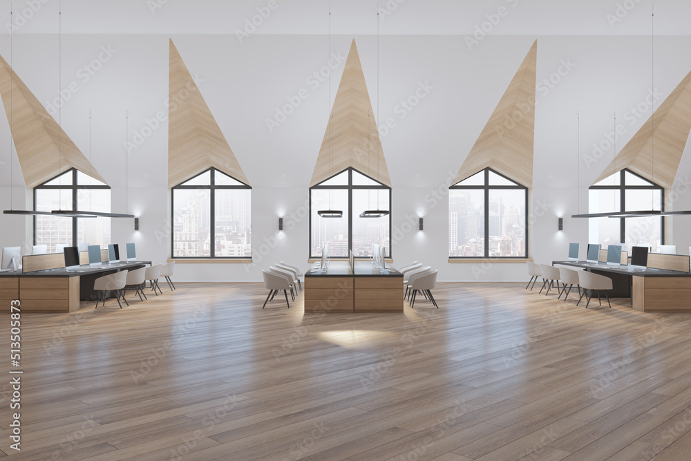 Bright spacious wooden and concrete coworking office interior with windows and city view, furniture 