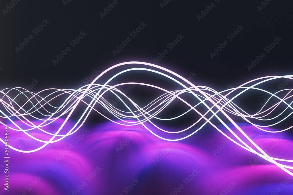 Creative abstract digital neon waves backdrop. 3D Rendering.