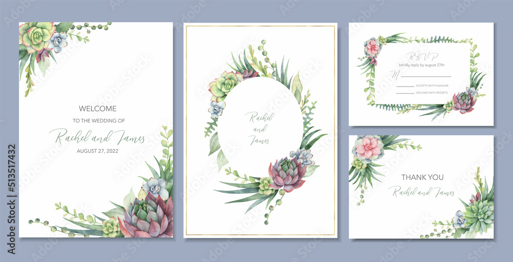 Watercolor vector set wedding invitation card template.