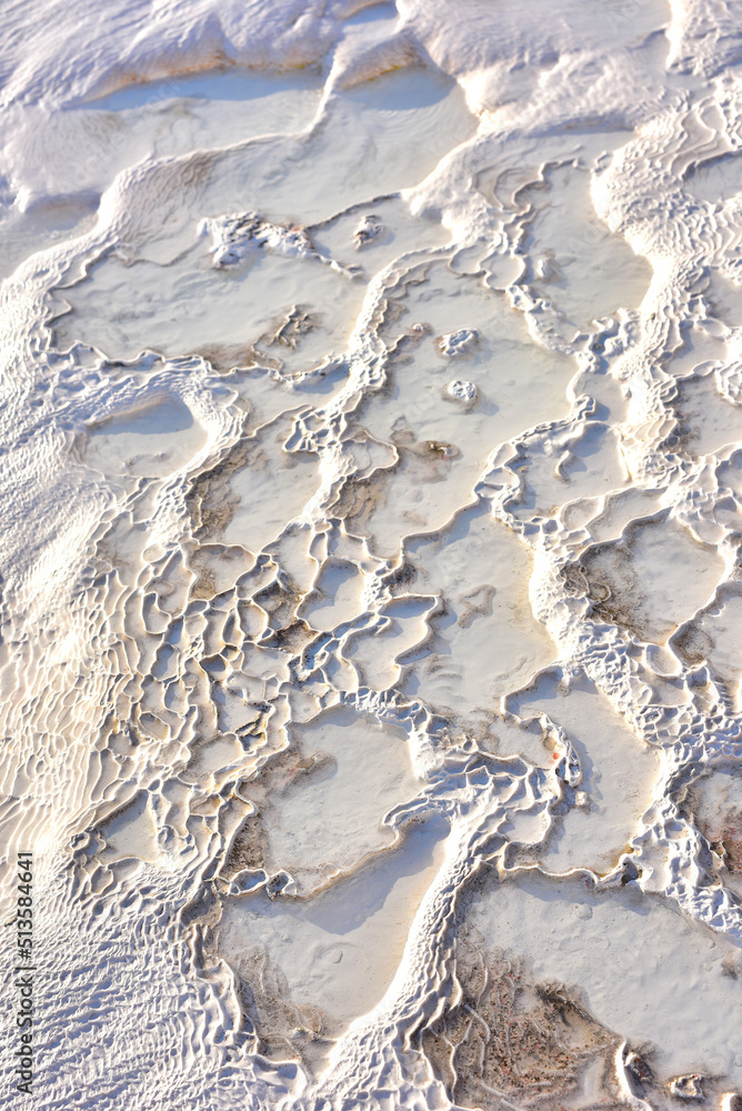 Above view of travertine pools, terraces in Pamukkale Turkey. Traveling abroad, overseas for holiday