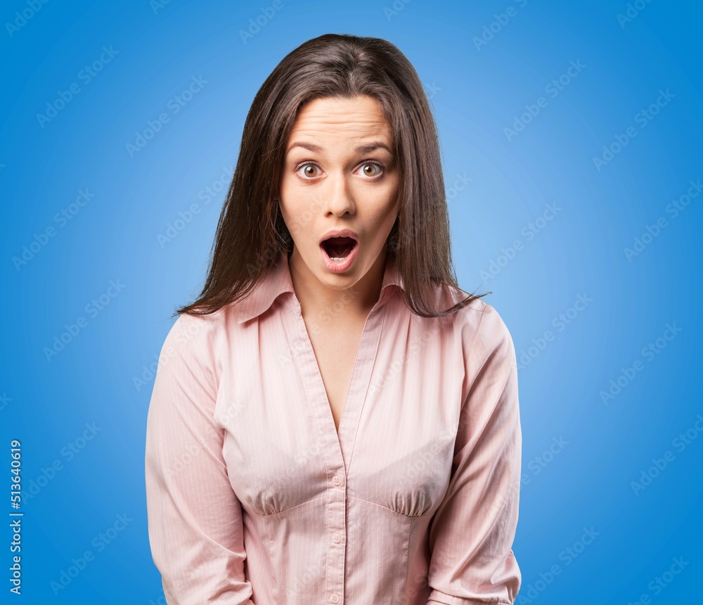 Portrait of attractive amazed girl news reaction