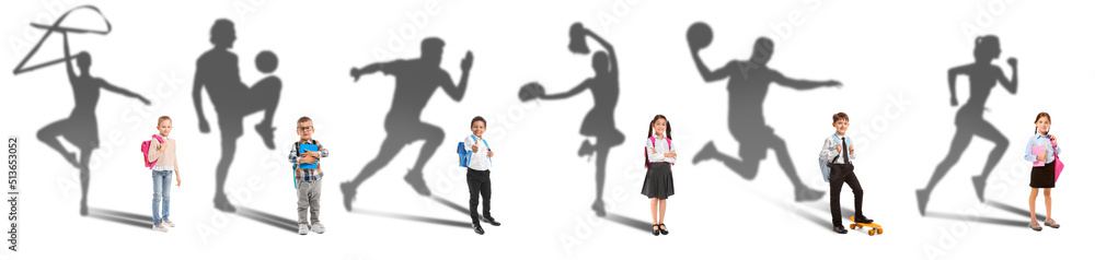 Group of cute little children dreaming about career in sports on white background