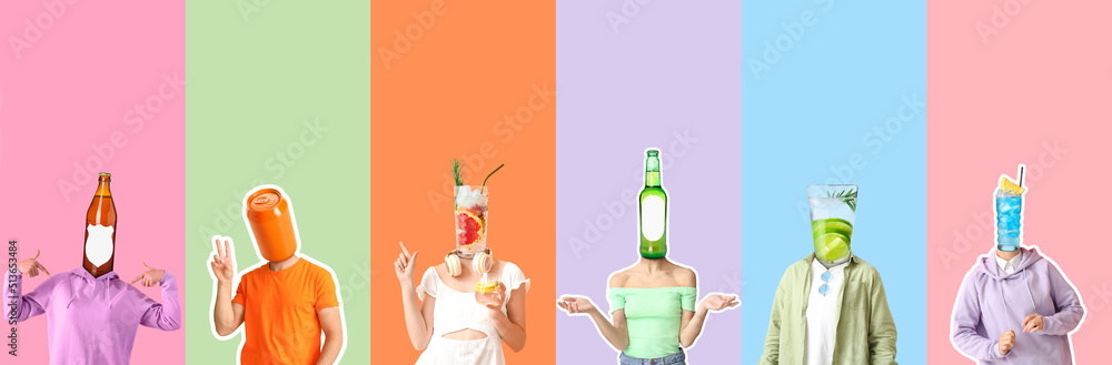 Many people with different drinks instead of their heads on colorful background