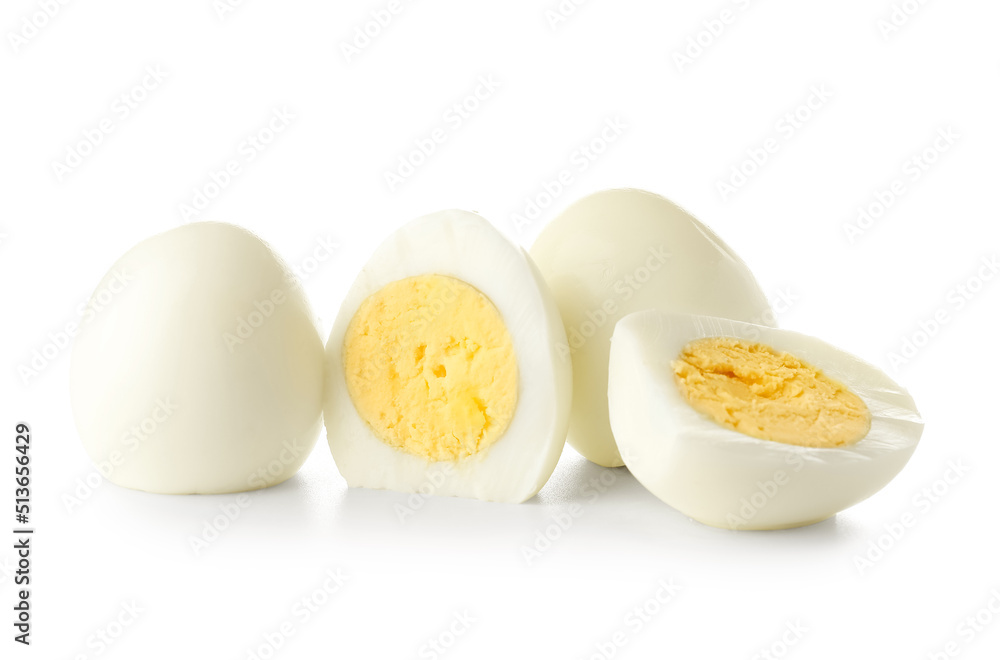 Cut boiled eggs isolated on white background