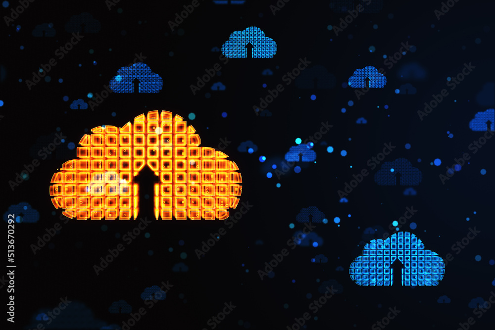 带有向上箭头符号的数字发光云的云计算技术和数据存储概念