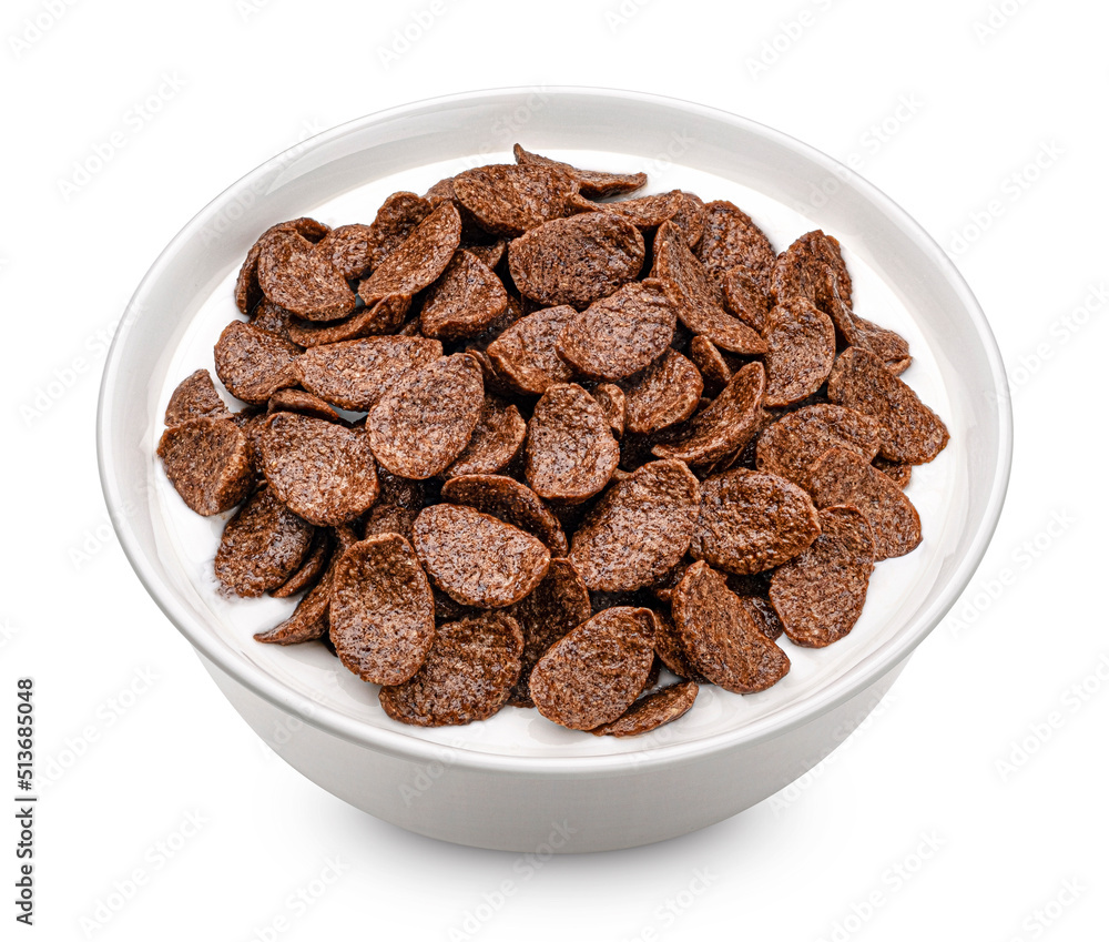 Chocolate corn flakes with milk isolated on white background