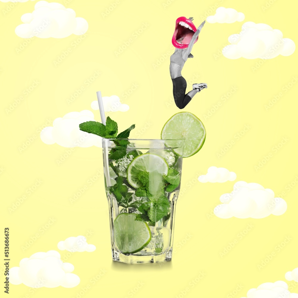 Summer vacation concept. Young girl jumping in cocktail glass on yellow background. art collage. Sur