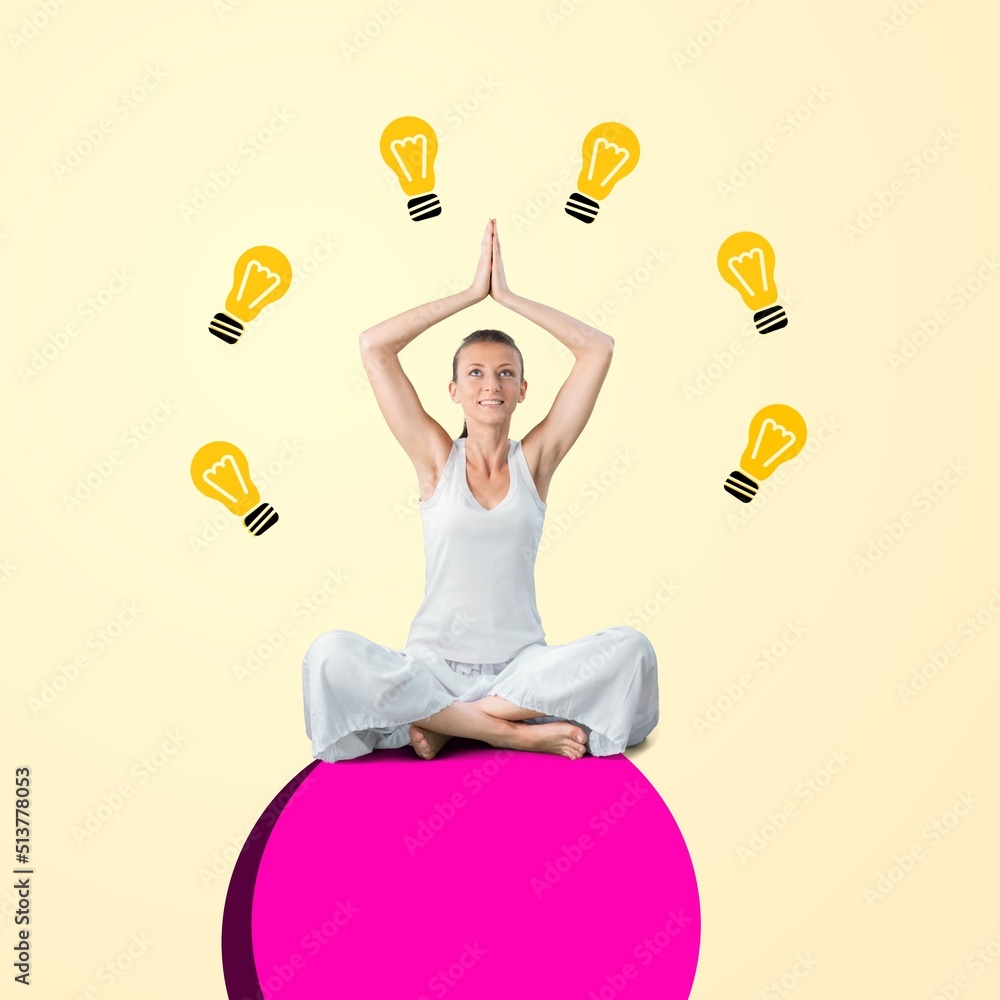 Young girl sitting in yoga pose, meditation and generating concept.