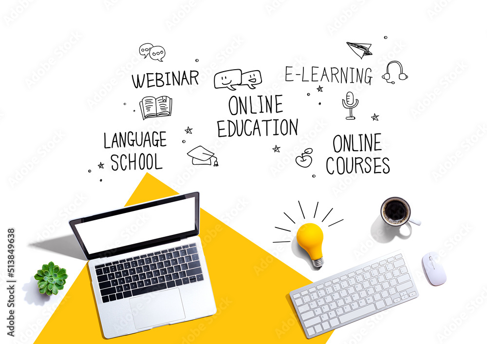 Online education theme with computers and a light bulb