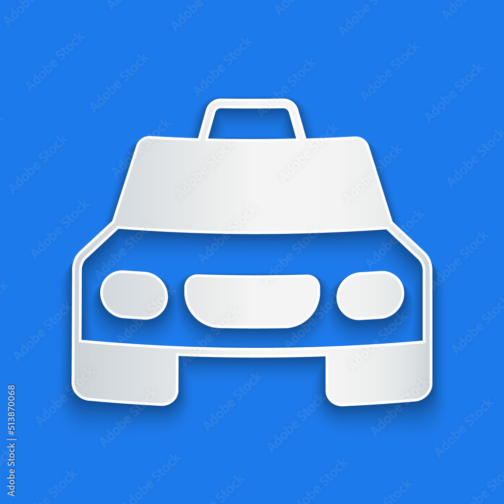 Paper cut Taxi car icon isolated on blue background. Paper art style. Vector