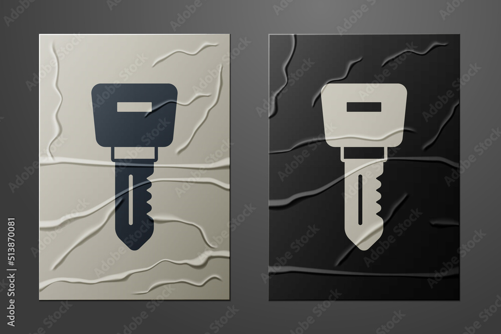 White Hotel door lock key icon isolated on crumpled paper background. Paper art style. Vector